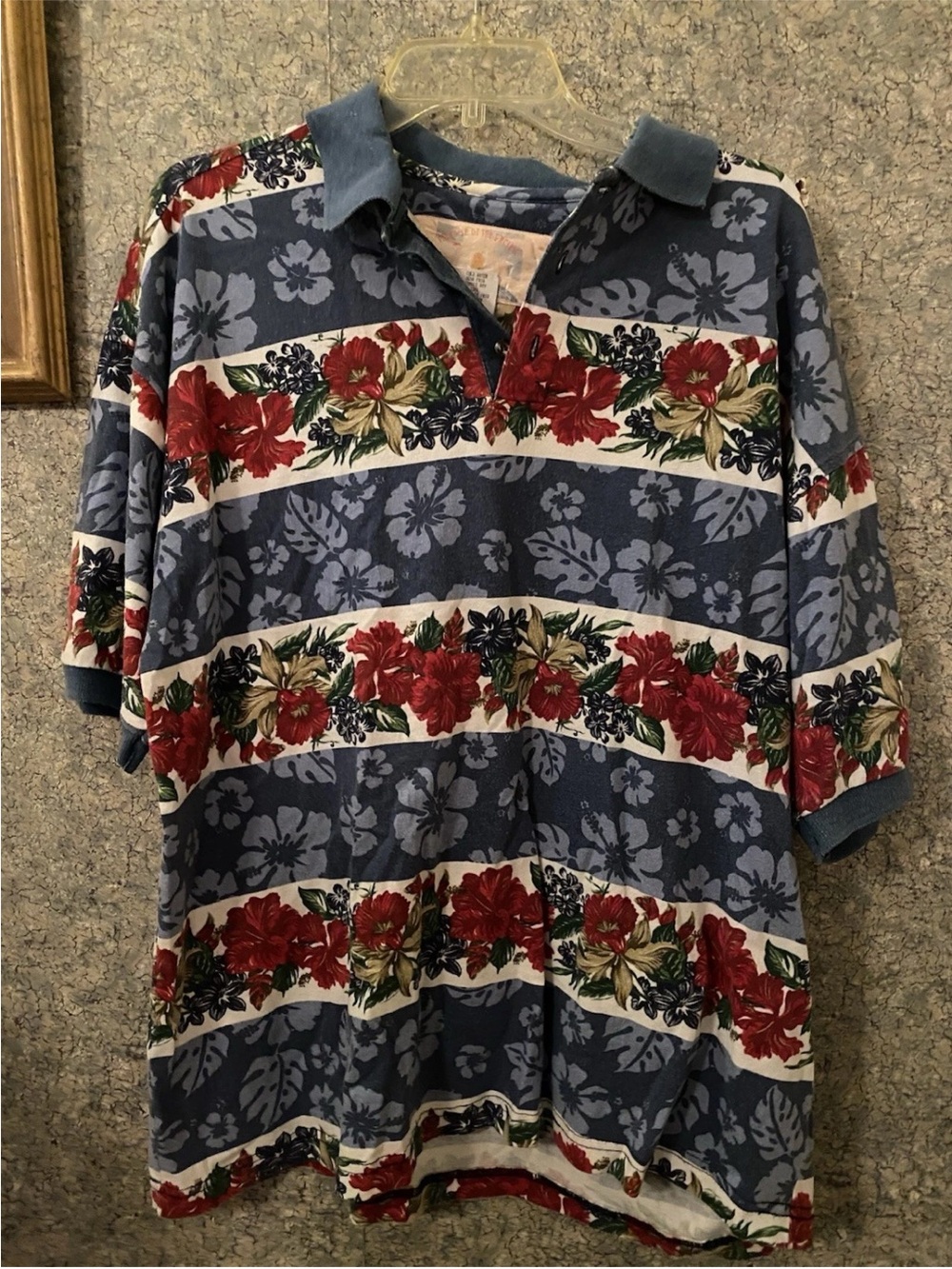 Paradise Of The Pacific Hawaiian Floral Striped Short Sleeve Polo Shirt XL